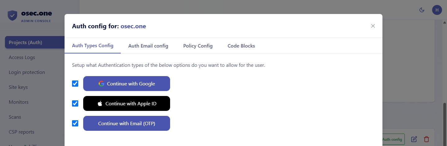 osec.one console, Projects page for osec Auth with the sign-in types and the email code setting