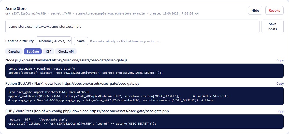 osec.one console, Site keys page with the Bot Gate snippets for Node, Python and PHP