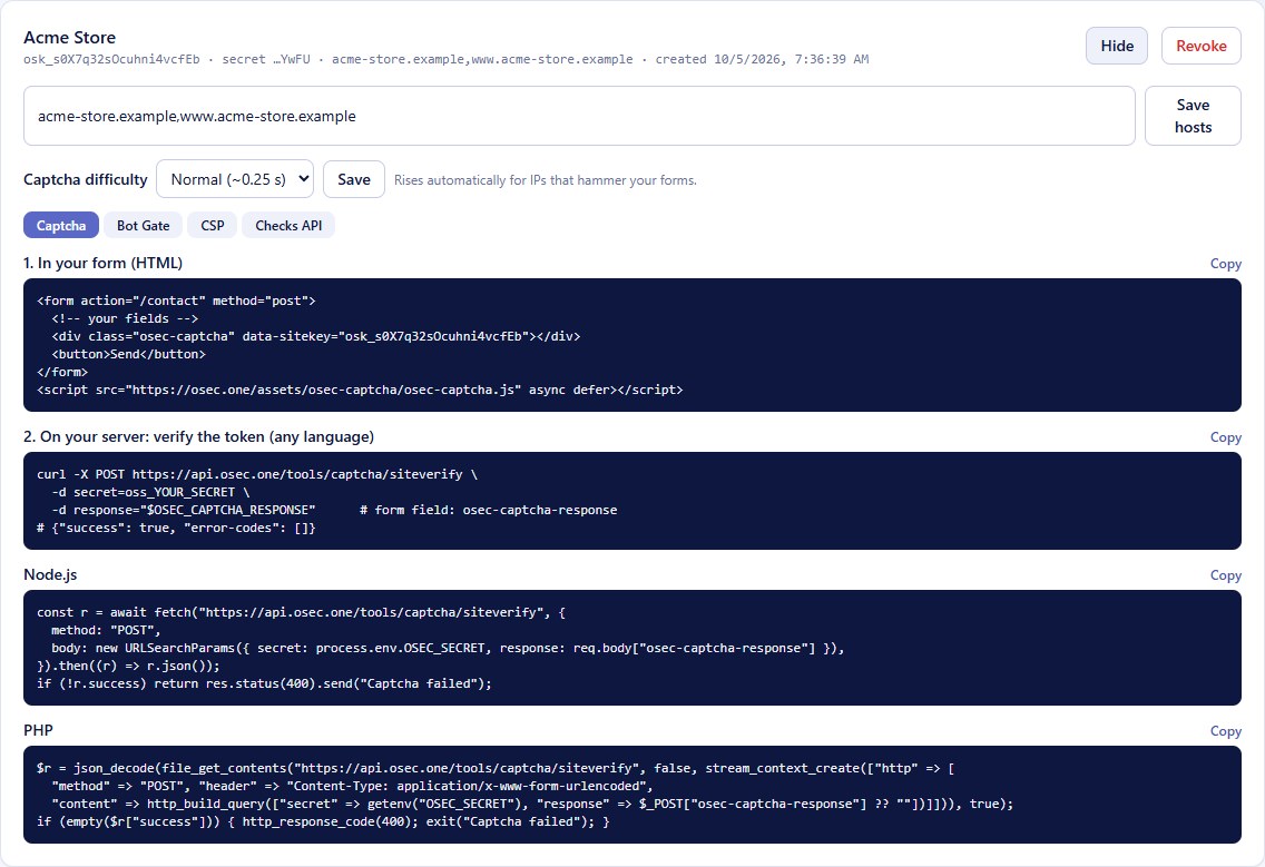 osec.one console, Site keys page with the Captcha snippets for HTML, curl, Node.js and PHP