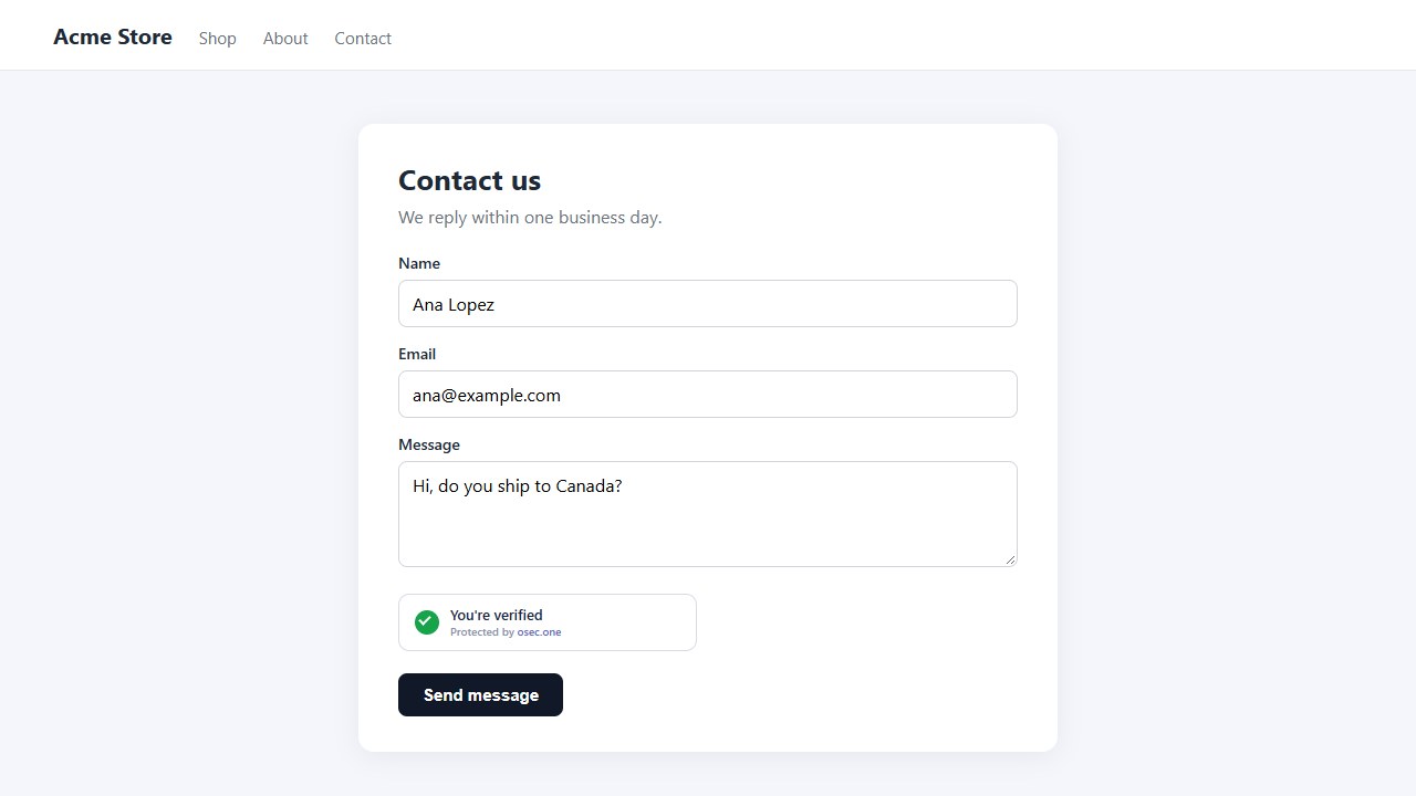 A contact form with the osec Captcha widget showing You're verified