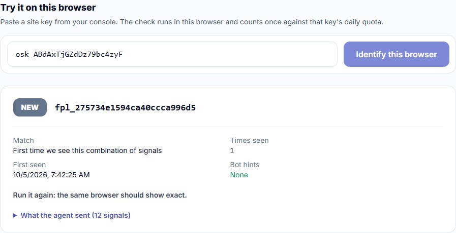 osec.one tool page for Fingerprint Lite, with a live try-it panel showing a visitor ID