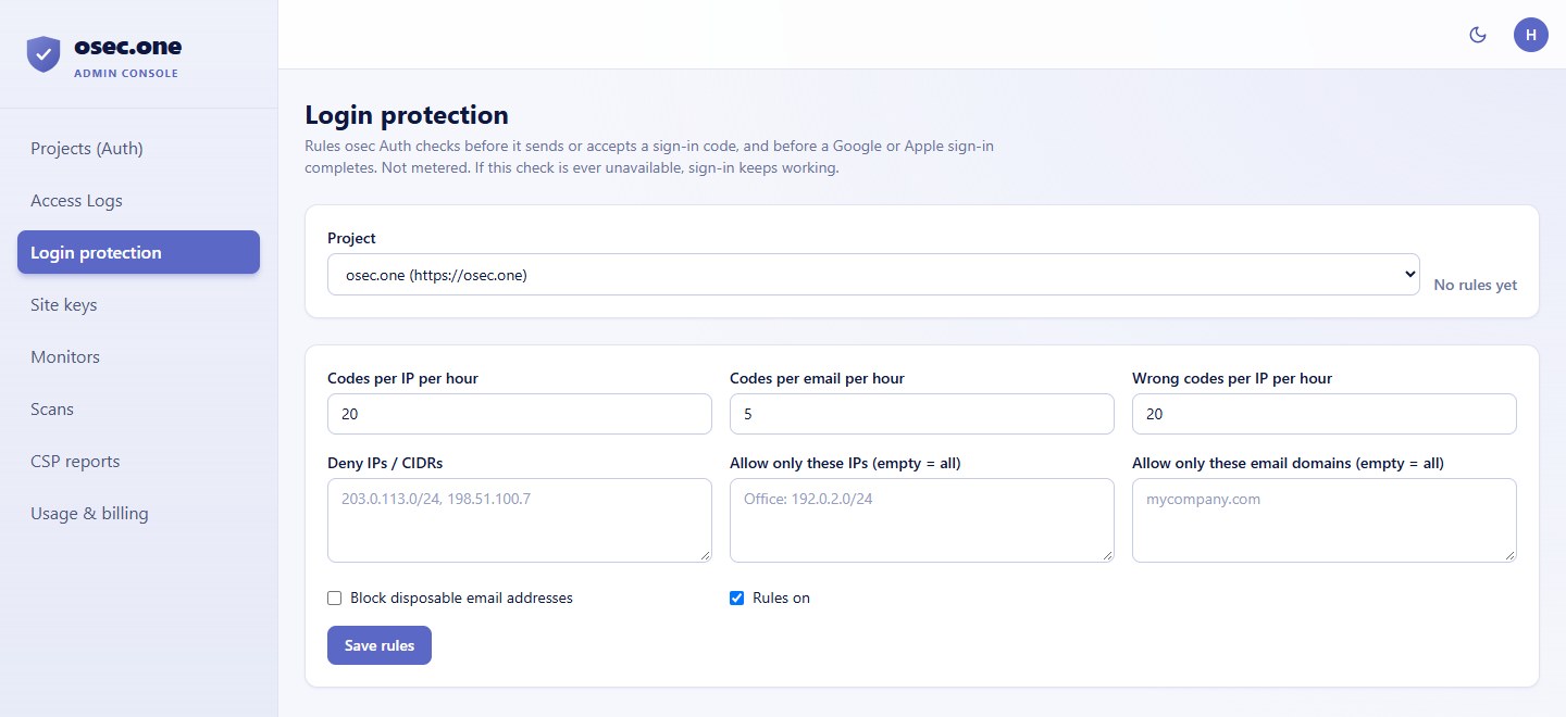 osec.one console, Login protection page with per-email and per-IP code limits