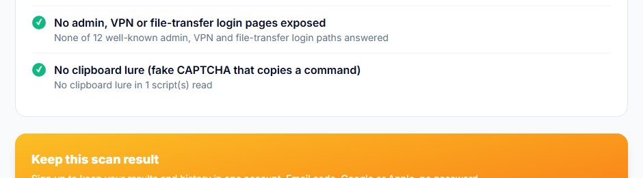 osec Scan result row with a green tick: no clipboard lure in 1 script read