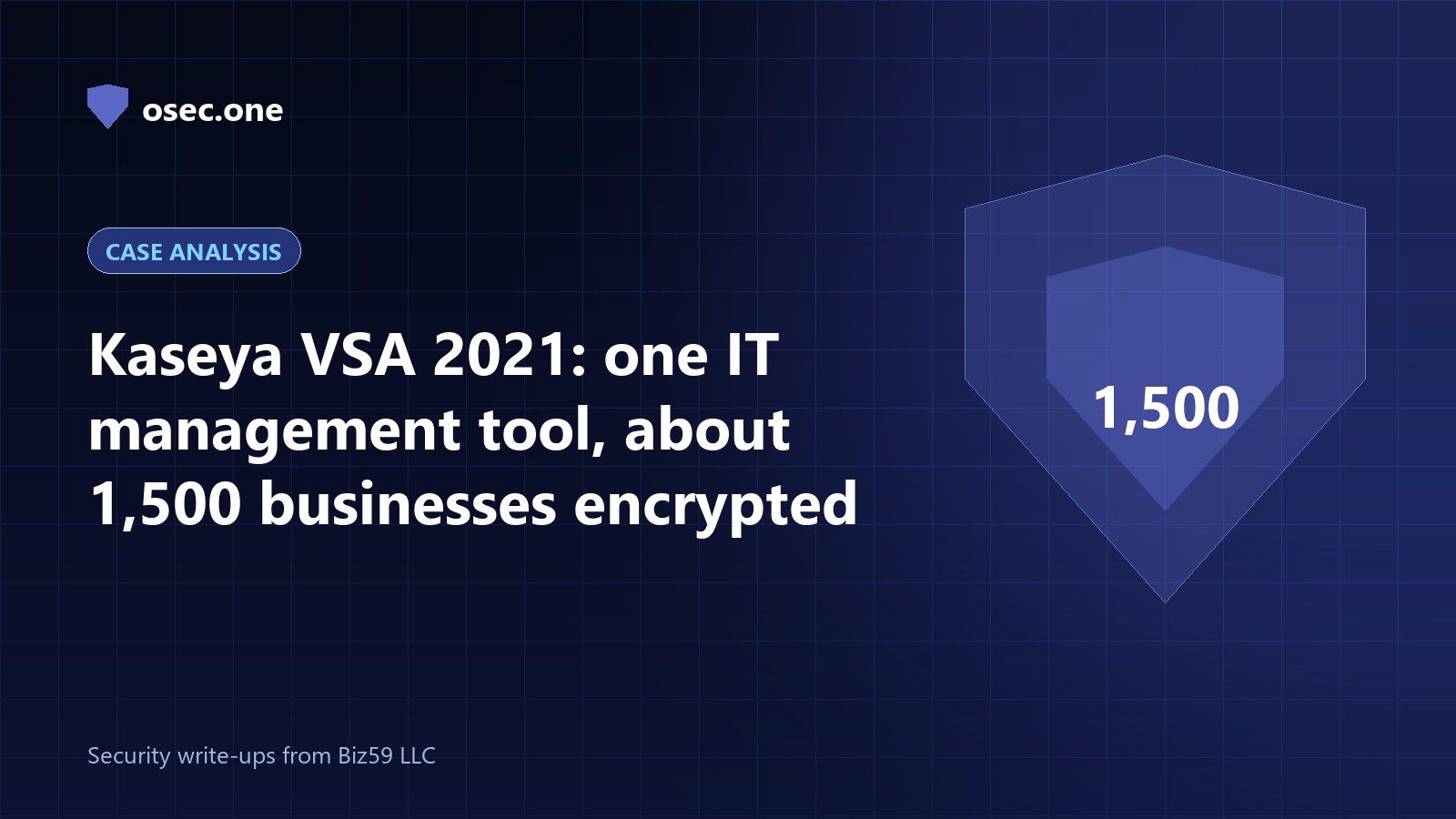 osec.one case analysis cover: Kaseya VSA 2021, one IT management tool, about 1,500 businesses encrypted