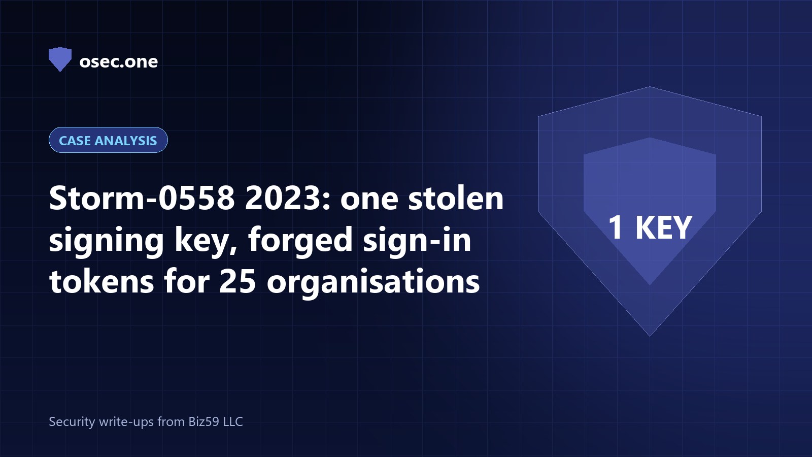 osec.one case analysis cover: Storm-0558 2023, one stolen signing key, forged sign-in tokens