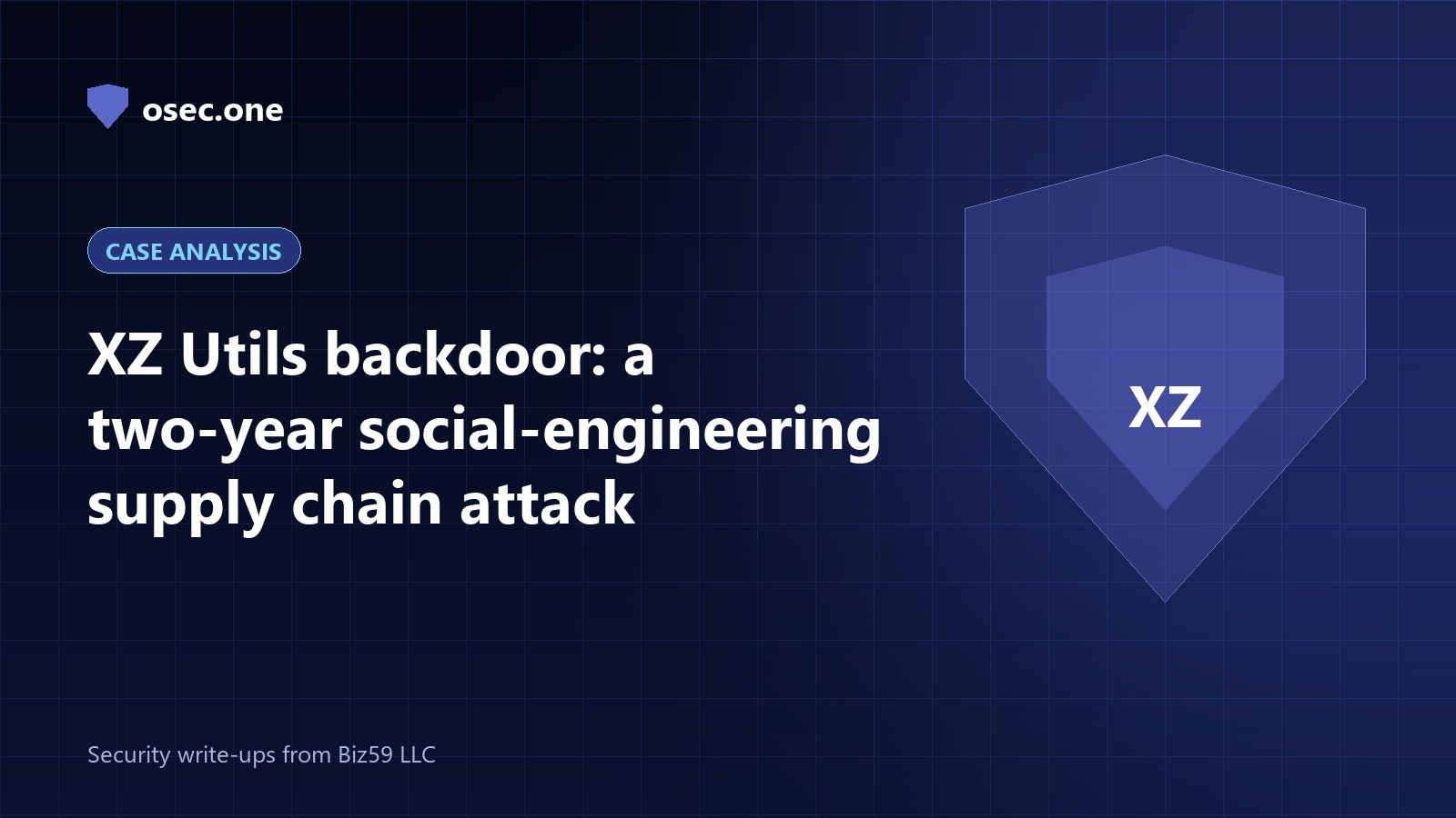 osec.one case analysis cover: the XZ Utils backdoor, a two-year supply chain attack