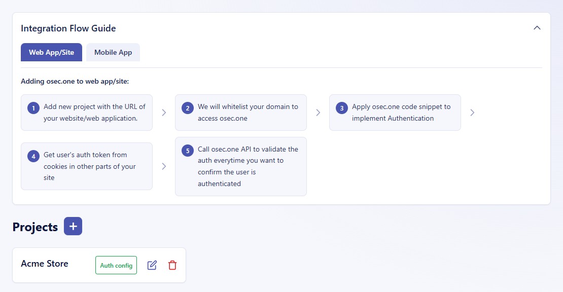 osec.one admin console with the Integration Flow Guide and a project called Acme Store
