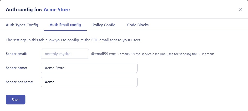 Auth Email config tab with sender email, sender name and sender bot name fields