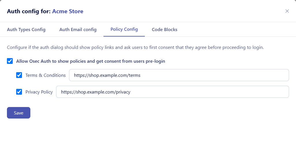 Policy Config tab with consent enabled and terms and privacy URLs filled in