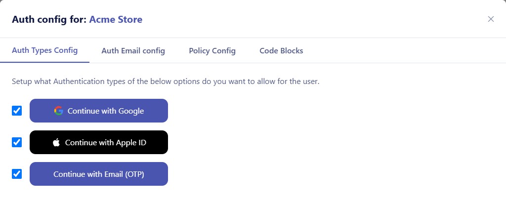 Auth Types Config tab with Google, Apple ID and Email (OTP) all ticked