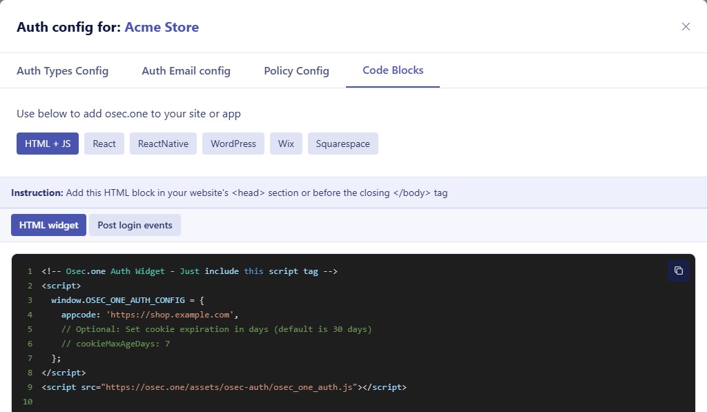 Code Blocks tab showing the HTML widget snippet with the appcode filled in and the osec.one script URL