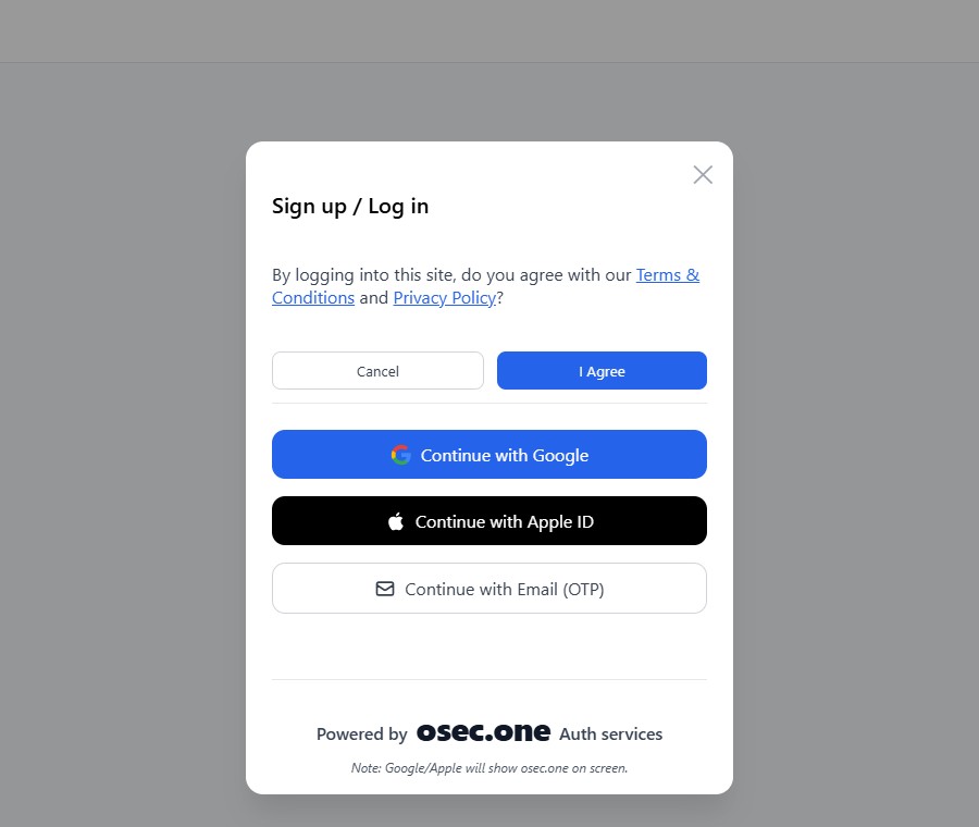 The osec.one sign-in dialog on a demo store: consent prompt, Continue with Google, Continue with Apple ID, Continue with Email (OTP)
