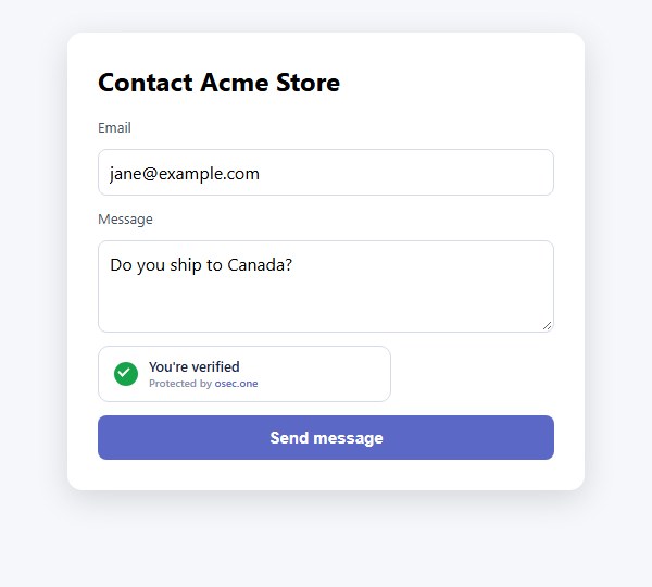 A contact form with the osec Captcha widget showing You're verified