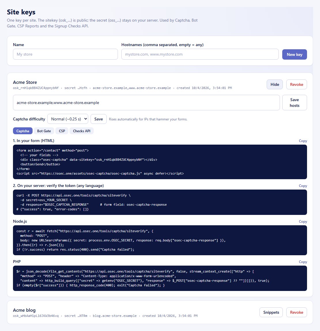 osec.one console, Site keys page with the Captcha snippets for HTML, curl, Node.js and PHP