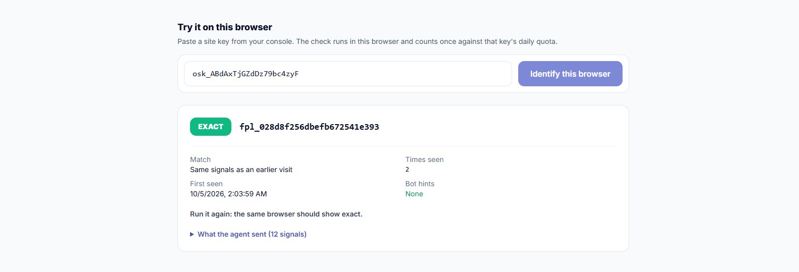 osec Fingerprint Lite tool page with a live visitor ID result