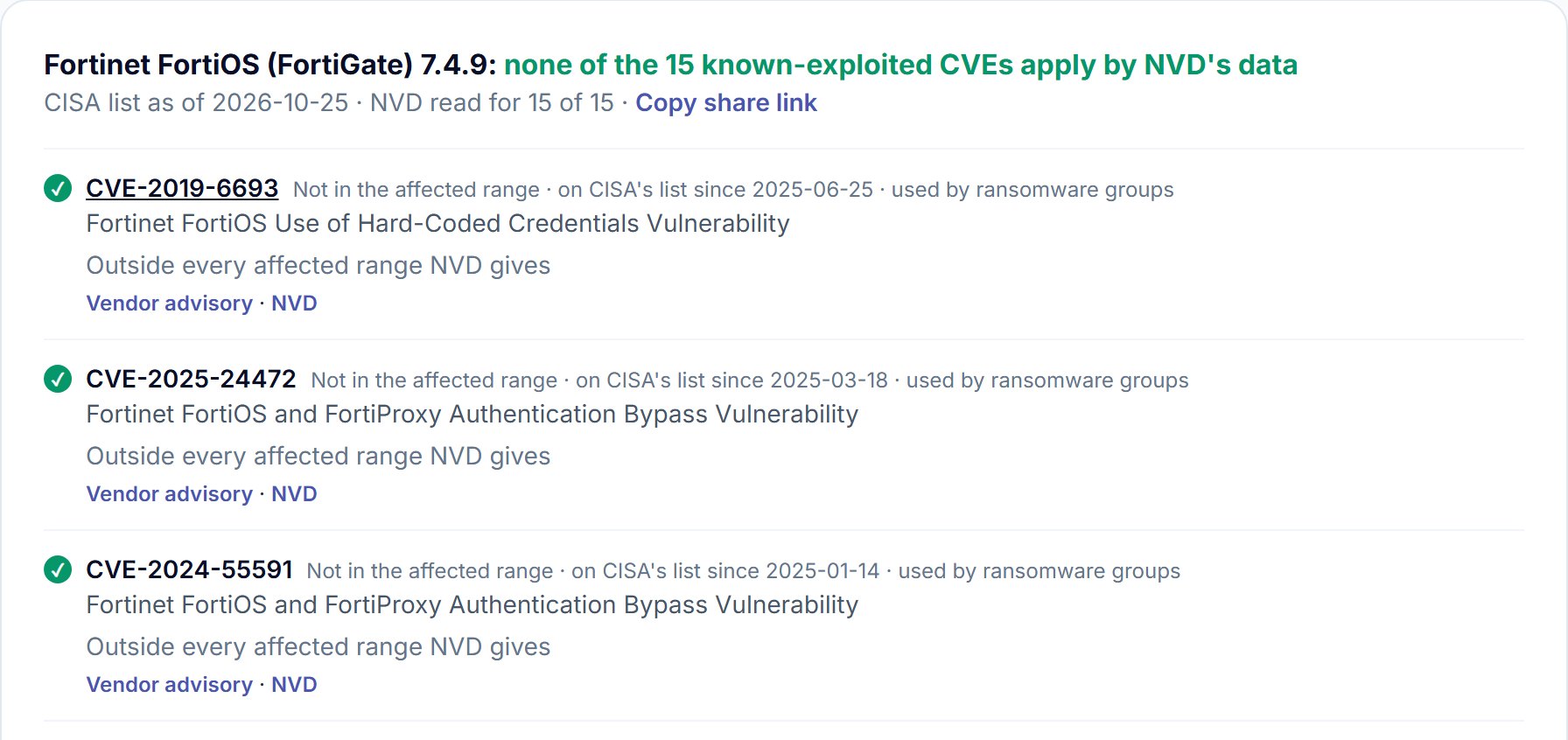 Firmware branch check result for FortiOS 7.4.9: none of the 15 known-exploited CVEs apply by NVD's data; CVE-2019-6693, CVE-2025-24472 and CVE-2024-55591 shown as not in the affected range