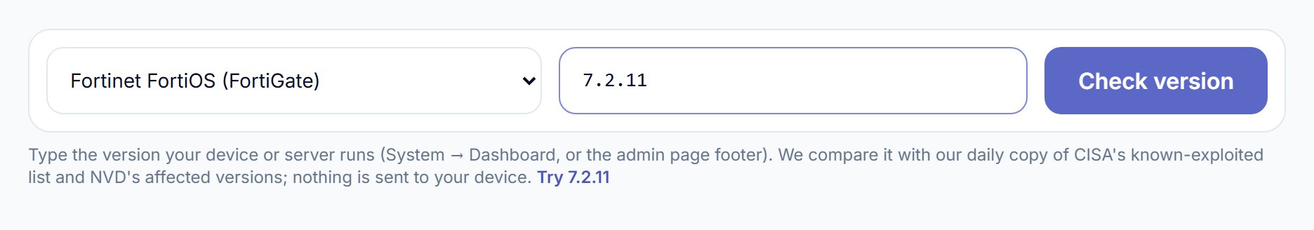 Firmware branch check form on osec.one: product Fortinet FortiOS (FortiGate), version 7.2.11, Check version button