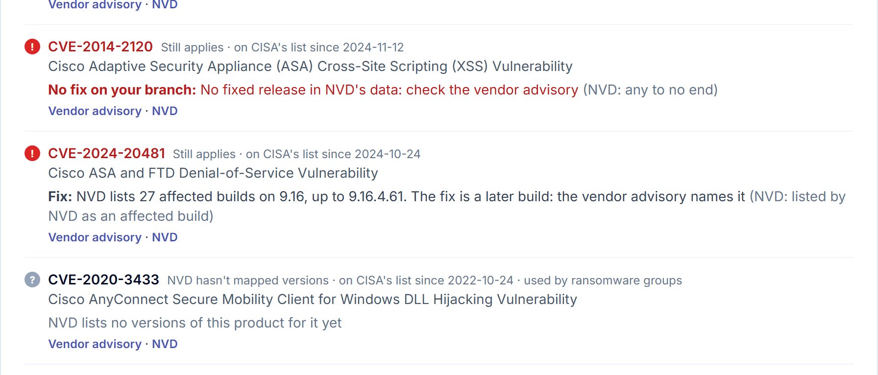 Firmware branch check rows for Cisco ASA 9.16.4.57: CVE-2014-2120 still applies with no fixed release in NVD's data; CVE-2024-20481 listed affected build; CVE-2020-3433 NVD hasn't mapped versions, AnyConnect client for Windows