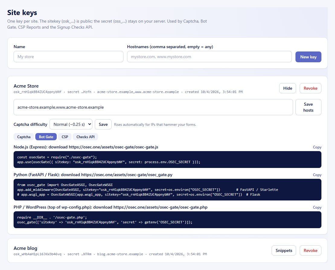 osec.one console Site keys page with Bot Gate snippets for Node.js, Python and PHP