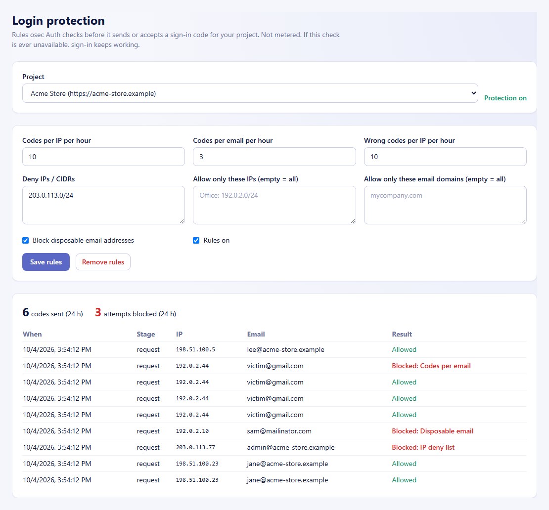 osec.one console Login protection page with rules for Acme Store and a log of allowed and blocked sign-in attempts