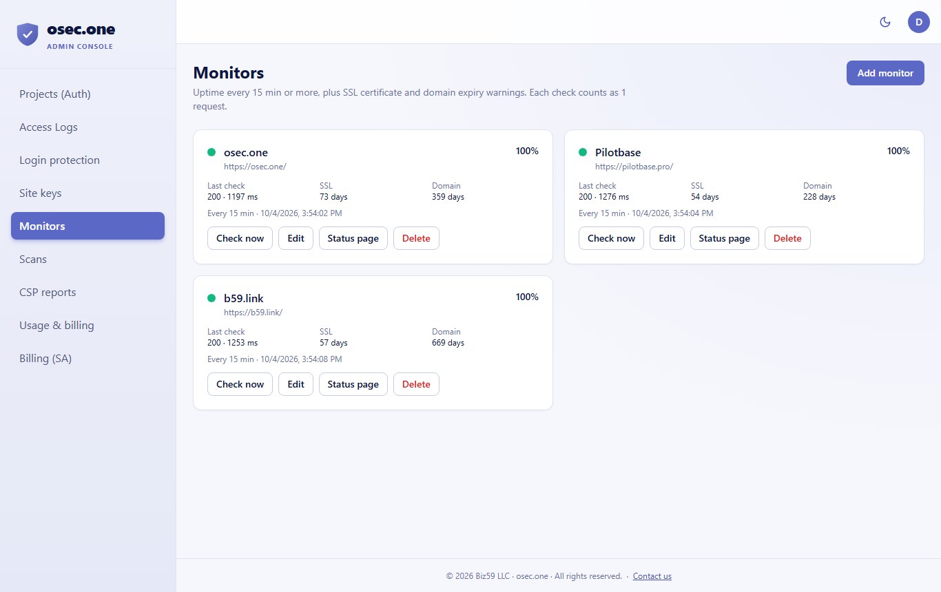 osec.one console Monitors page with osec.one, Pilotbase and b59.link, each with uptime, SSL days left and domain days left
