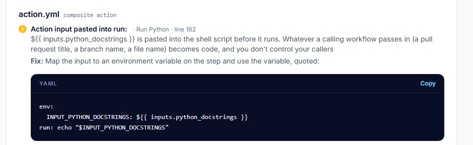 Workflow risk check finding in a composite action.yml: an action input pasted into run:, with an env: fix to copy
