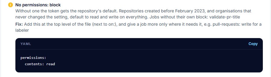 Workflow risk check finding: No permissions: block, jobs without their own block: validate-pr-title, with a permissions: contents: read fix to copy