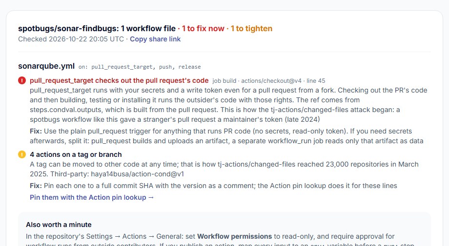 Workflow risk check result for spotbugs/sonar-findbugs sonarqube.yml at the December 2024 commit: pull_request_target checks out the pull request's code, line 45, the ref comes from steps.condval.outputs which is built from the pull request