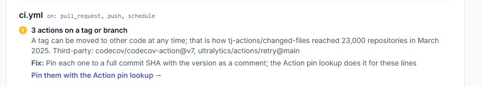 Workflow risk check finding for ci.yml: 3 actions on a tag or branch, with a link Pin them with the Action pin lookup